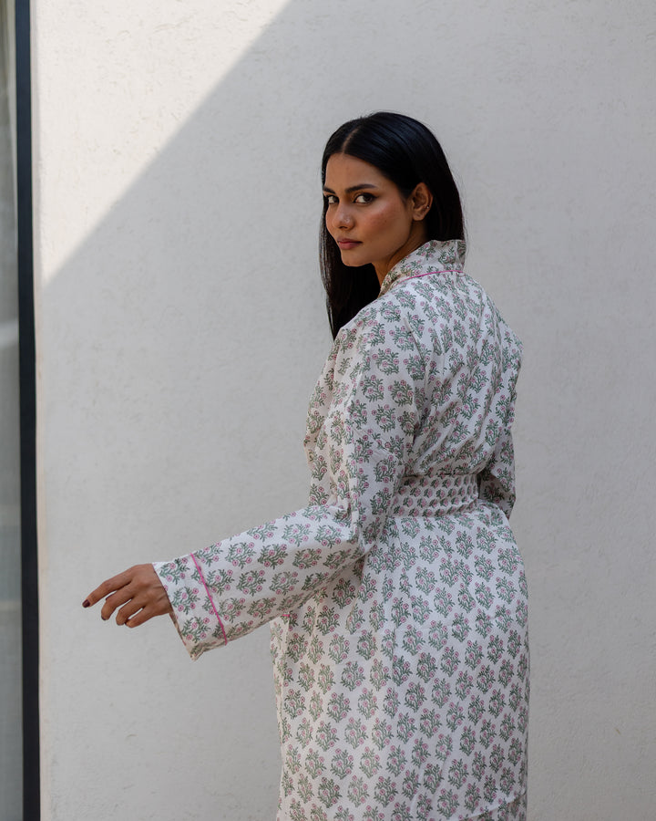 Mogra Robe in White and Sage - Dilli Grey