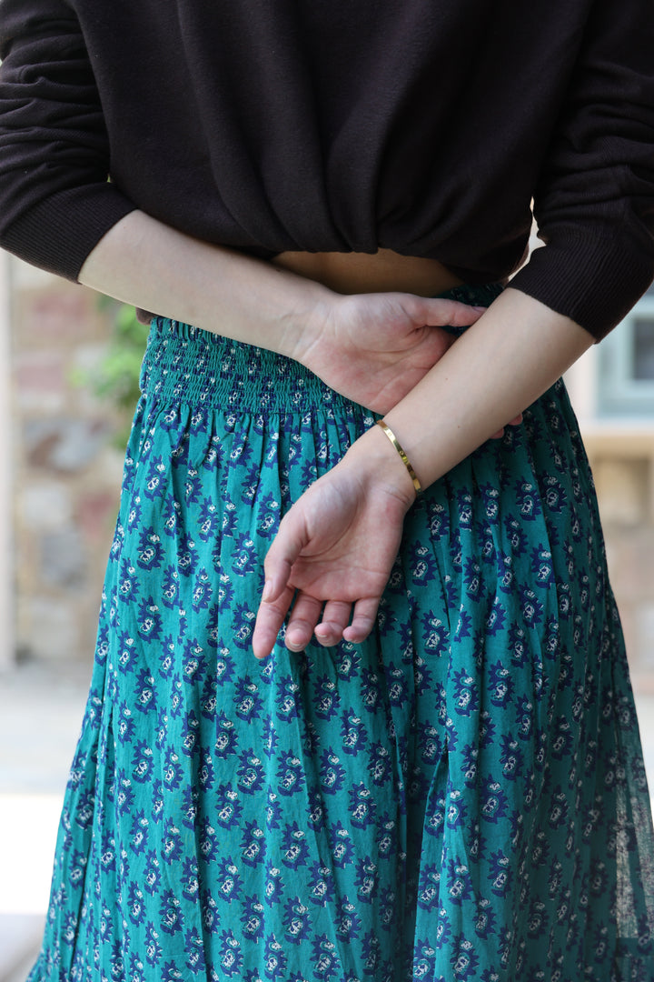 Dakota Hand-Block Printed Skirt in Teal - delivery beg Nov