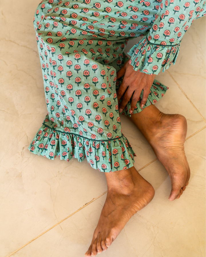Mini Mogra Ruffle PJ set in Jade - Dilli Grey