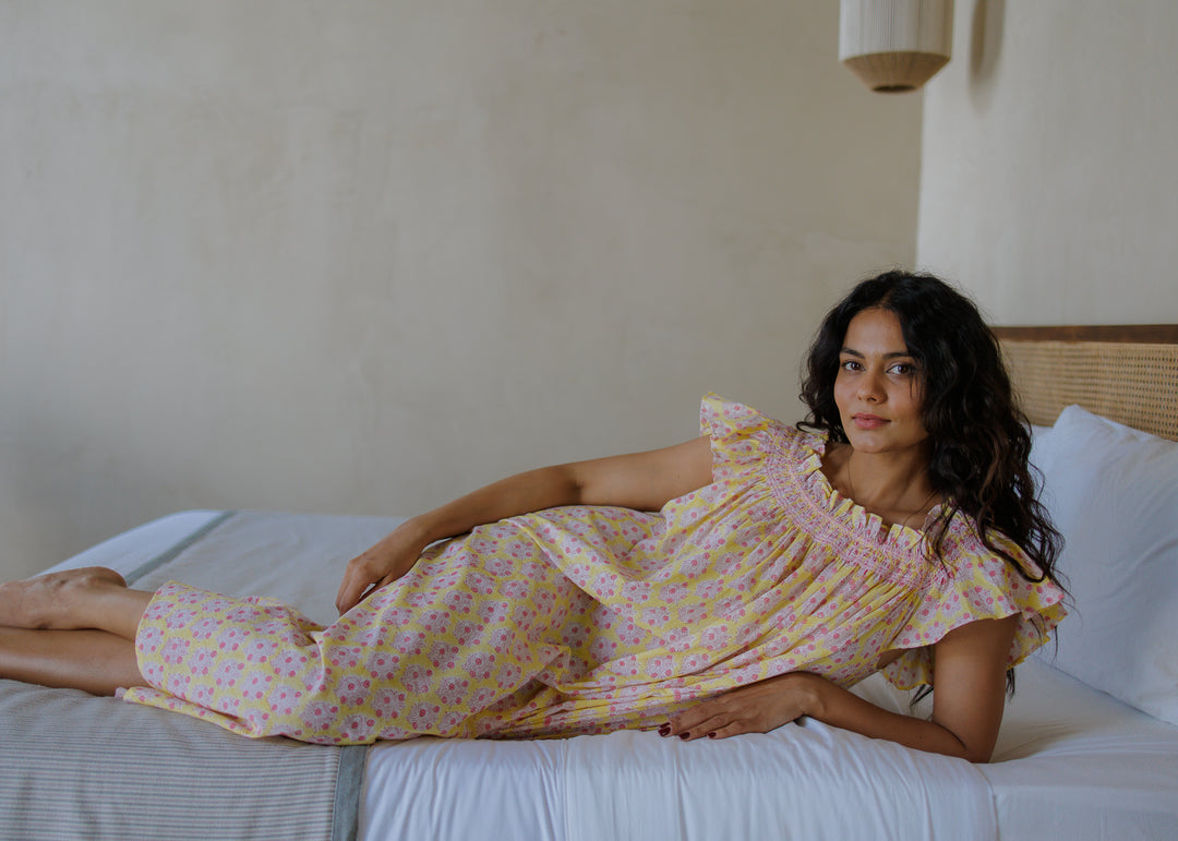 Mogra Smocked Nightie in Sunshine Yellow & Pink - Dilli Grey
