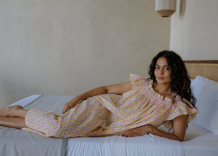 Mogra Smocked Nightie in Sunshine Yellow & Pink - Dilli Grey