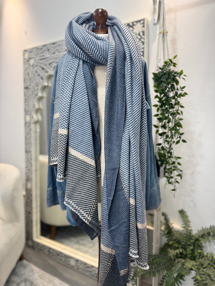 Cashmere hand-loom blanket scarf in denim blues