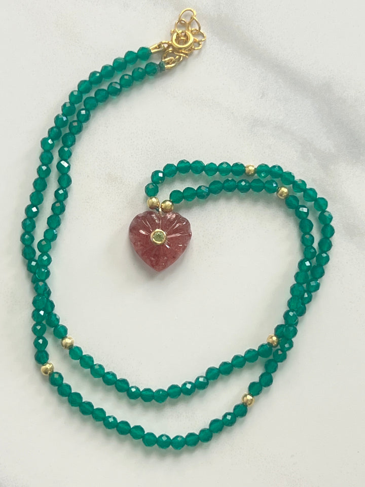Jaipur Carved Heart in Green Onyx & Strawberry Quartz