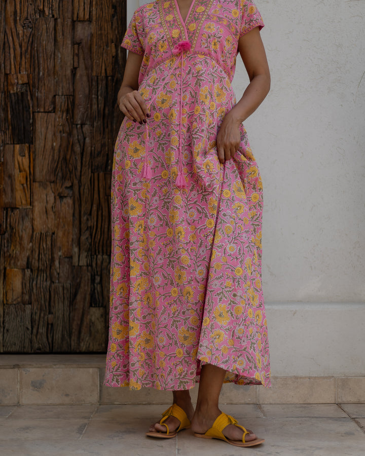 Riti Panelled Maxi Dress in Jaipur Pink and Yellow - Dilli Grey