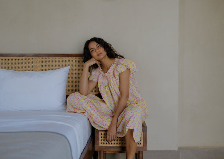 Mogra Smocked Nightie in Sunshine Yellow & Pink - Dilli Grey