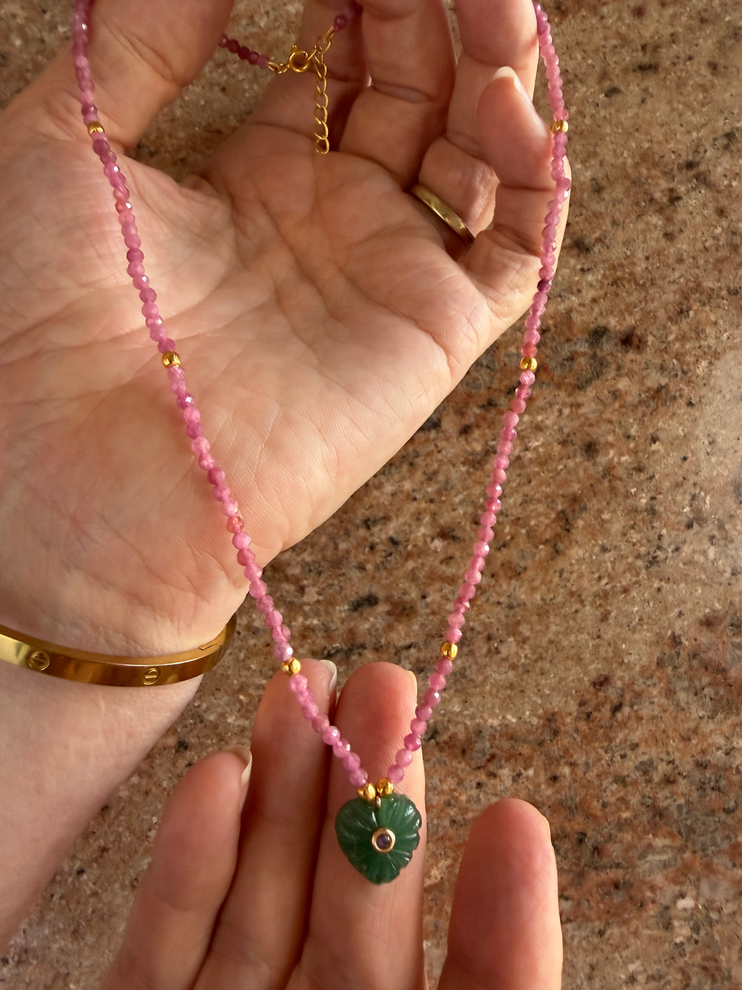 Jaipur Carved Heart Necklace in Aventurine & Pink Tourmaline  - SHIPS 9TH SEPTEMBER
