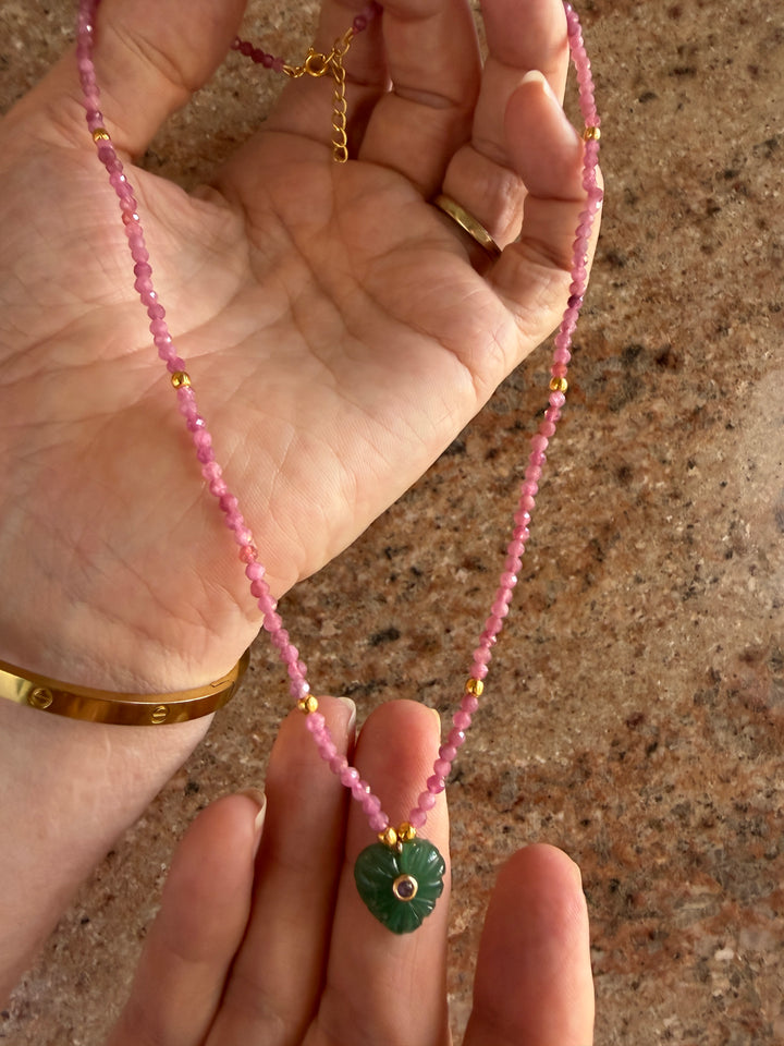 Jaipur Carved Heart Necklace in Aventurine & Pink Tourmaline  - SHIPS 9TH SEPTEMBER