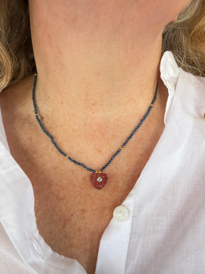 Jaipur Carved Heart Necklace in Strawberry Quartz & Blue Topaz - SHIPS 9TH SEPTEMBER