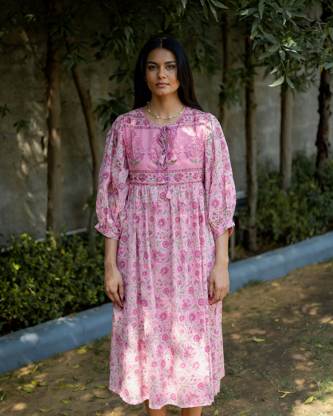 Farah Midi Dress in Jaipur Pink and Sage - Dilli Grey
