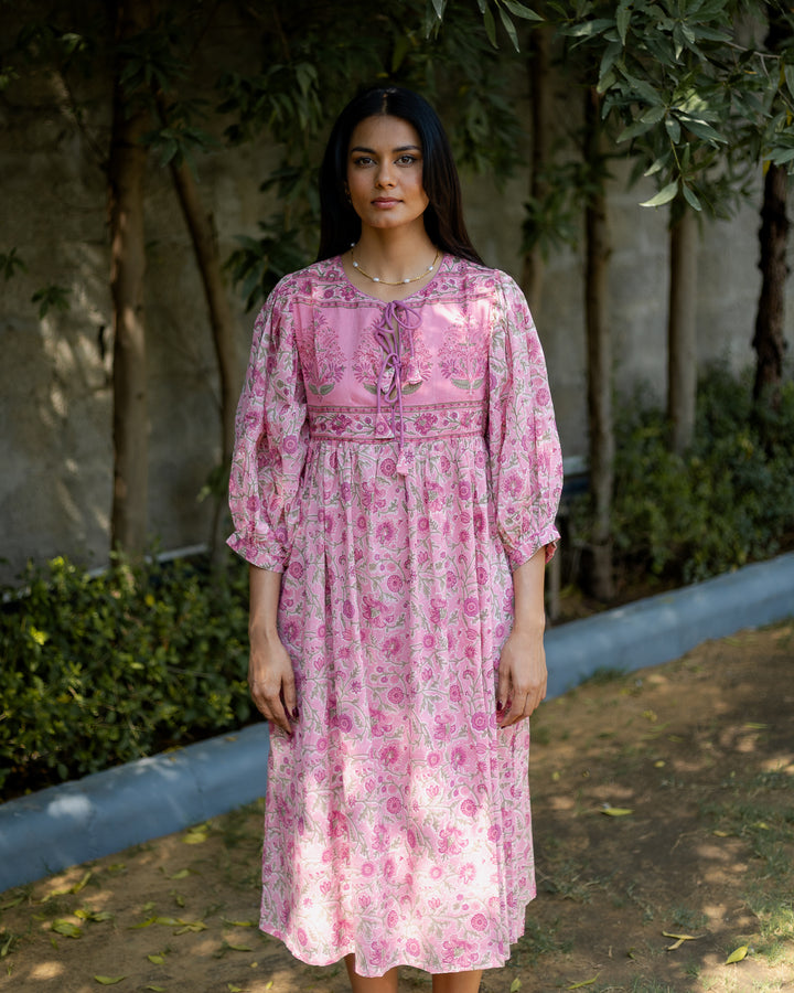 Farah Midi Dress in Jaipur Pink and Sage - Dilli Grey