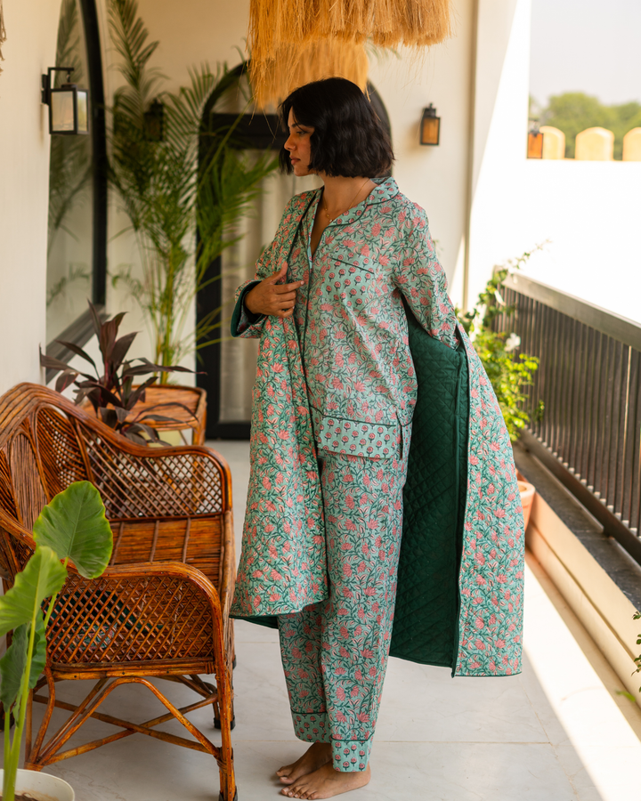 Indira Jaal Quilted Robe in Jade - Dilli Grey