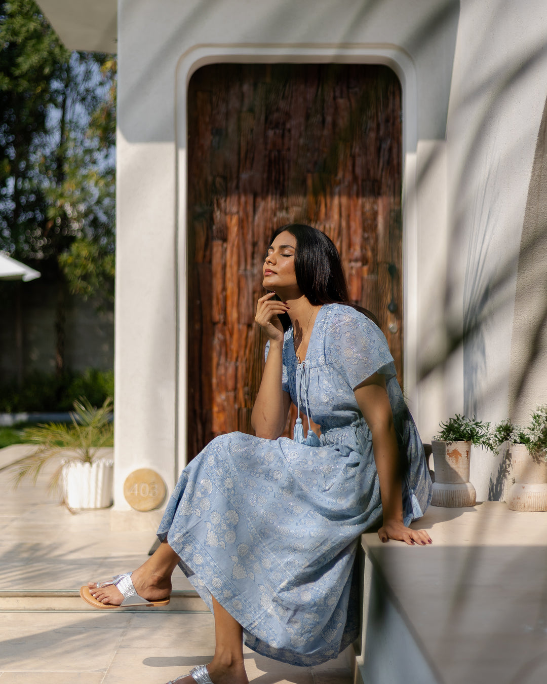 Fifi Flutter Sleeve Midi Dress in Dusty Blue - Dilli Grey