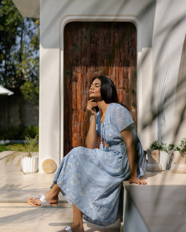 Fifi Flutter Sleeve Midi Dress in Dusty Blue - Dilli Grey