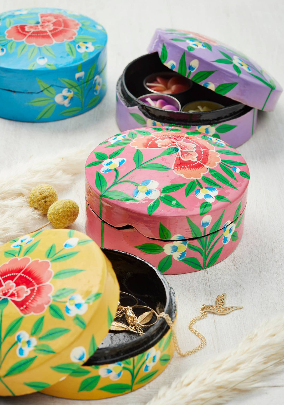 Kashmiri Chrysanthemum Handpainted Trinket Box Large - Dilli Grey