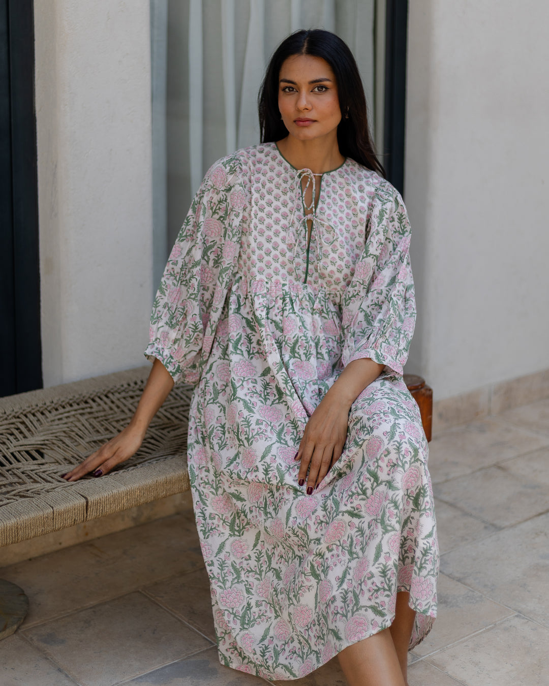 Farah Midi Dress in White & Sage - Dilli Grey
