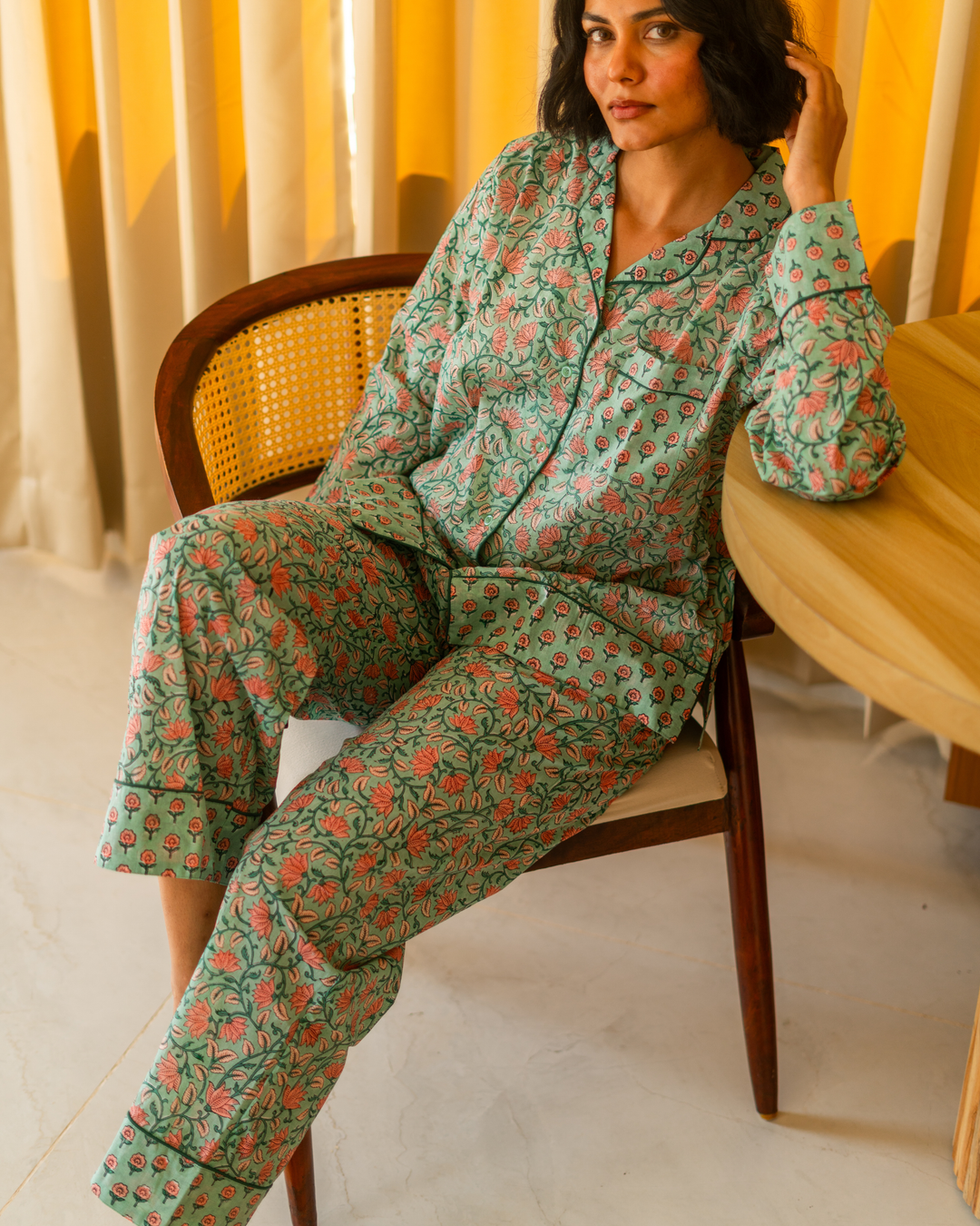 Indira Jaal Long Sleeve PJ set in Jade & Peach - Dilli Grey