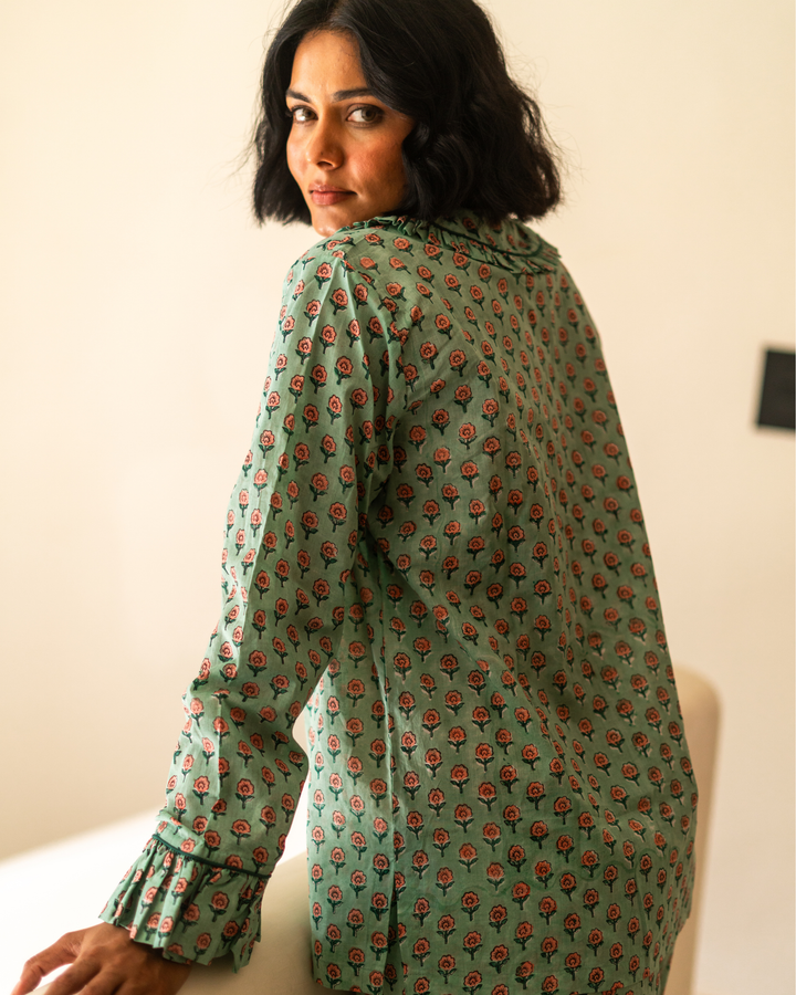 Mini Mogra Ruffle PJ set in Jade - Dilli Grey