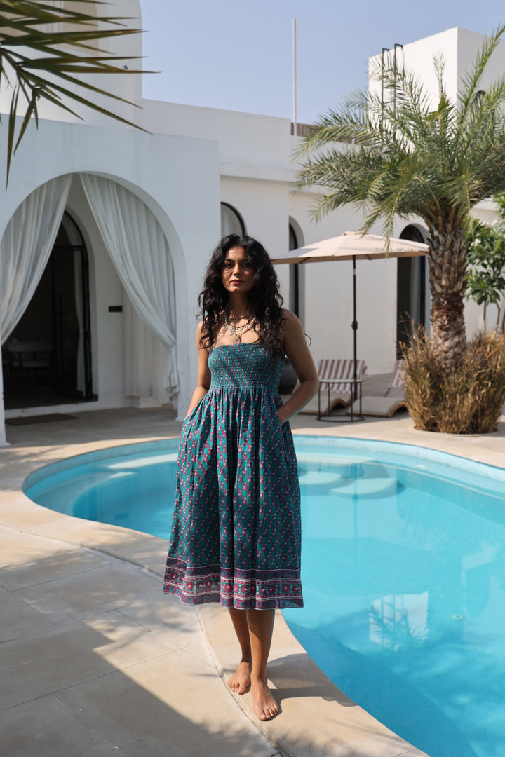 Kaya Smocked Waistband Skirt in Teal and Magenta - Dilli Grey