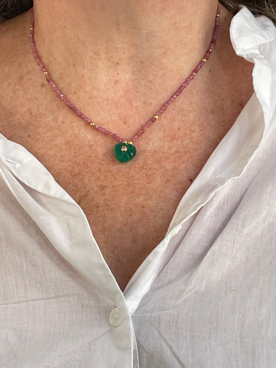 Jaipur Carved Heart Necklace in Pink Tourmaline & Green Onyx