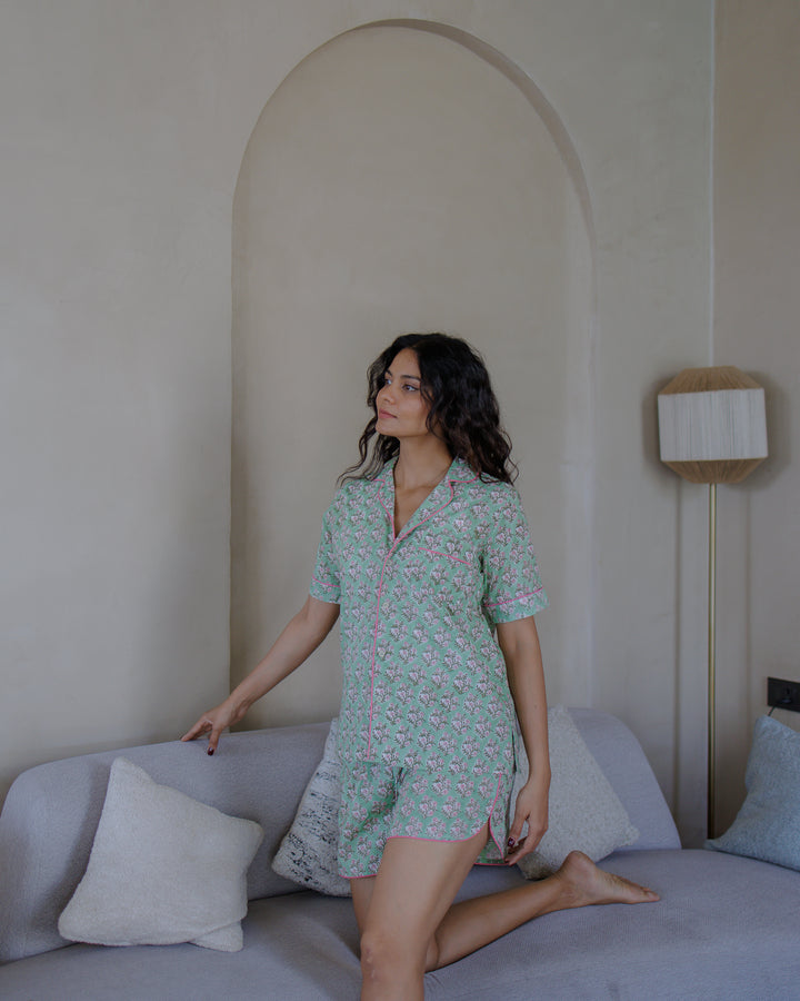 Mogra Shorts PJ set in Sage Green and Pink - Dilli Grey