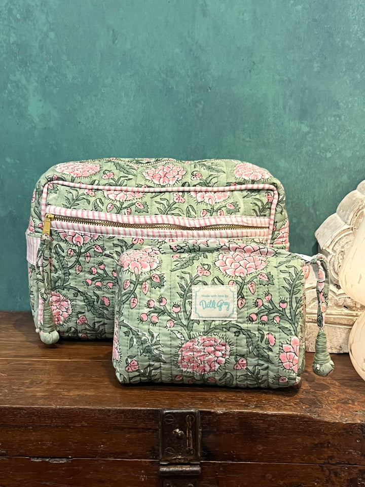 Johari Double Zip Wash Bag In Sage And Dusty Pink
