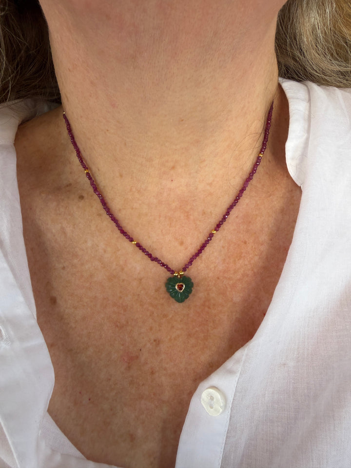 Jaipur Carved Heart Necklace in Aventurine & Ruby - SHIPS 9TH SEPTEMBER