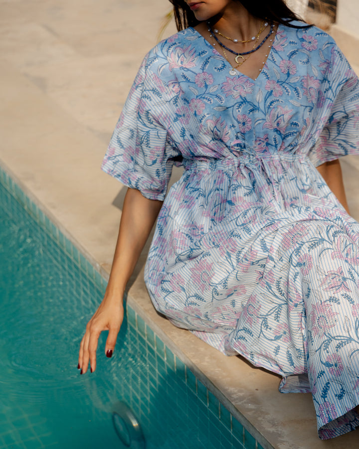 Tilly Stripe Champaca Maxi Kaftan Dress in Dusty Blue - Dilli Grey