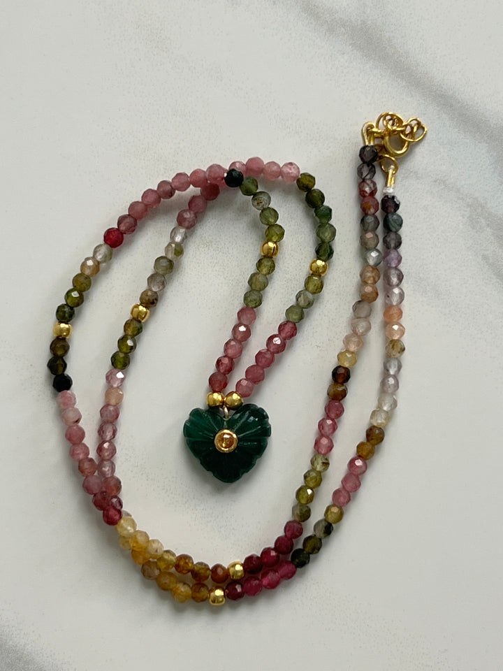 Jaipur Carved Heart Necklace in Tourmaline & Aventurine