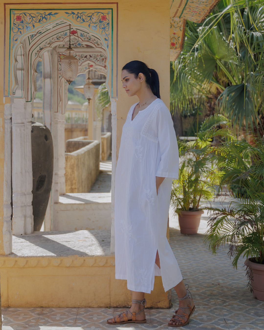 Chikankari-embroidered kaftan in Jasmine White
