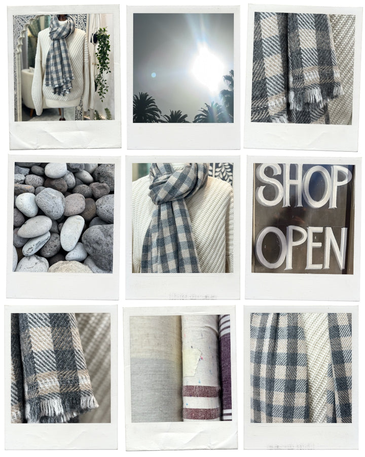Cashmere checkerboard handloom scarf in greige