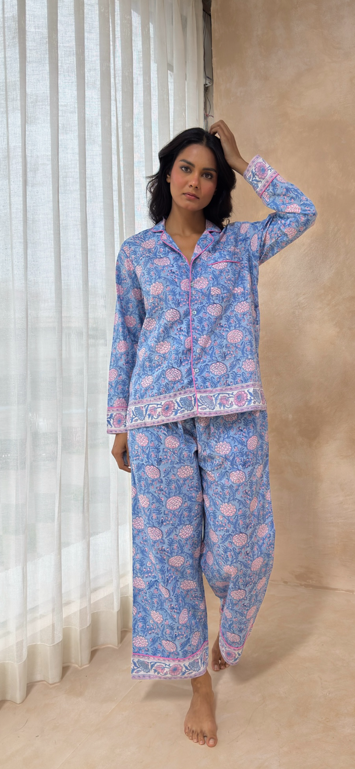 Johari Long Sleeve PJ set in dusty blue and pink