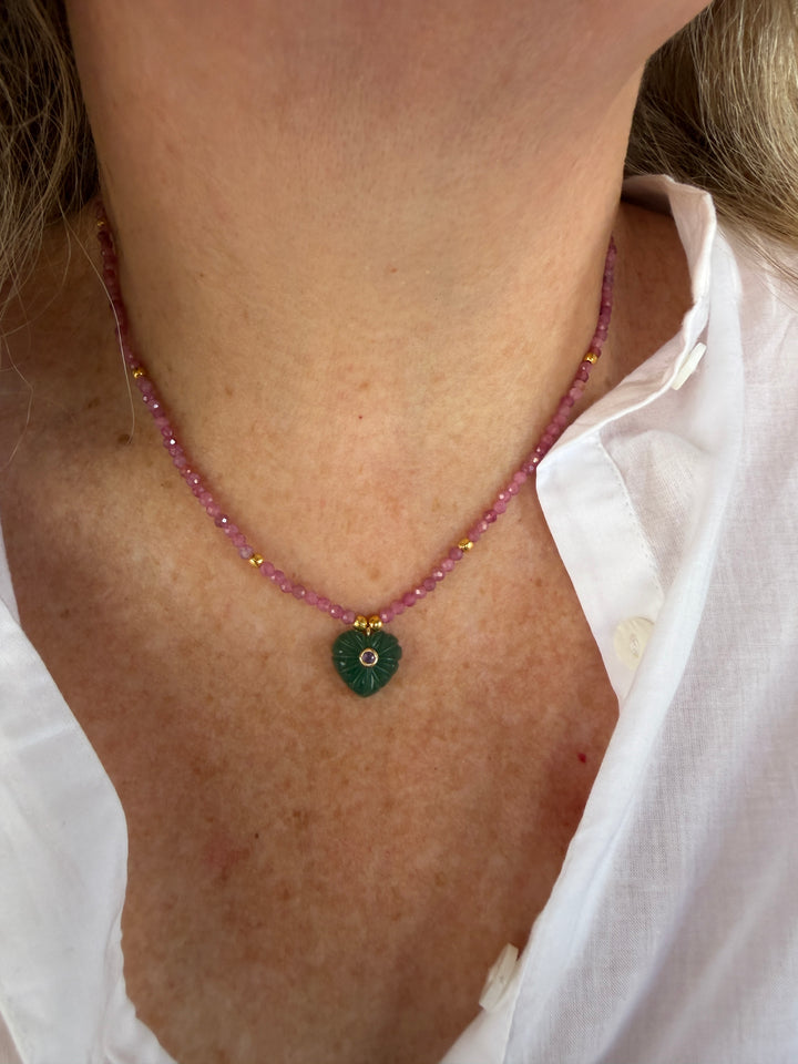 Jaipur Carved Heart Necklace in Aventurine & Pink Tourmaline  - SHIPS 9TH SEPTEMBER