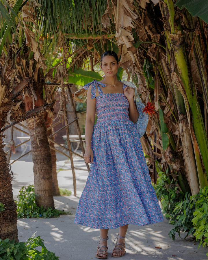Yasmin Smocked Sundress in Dusty Blue and Neon Pink