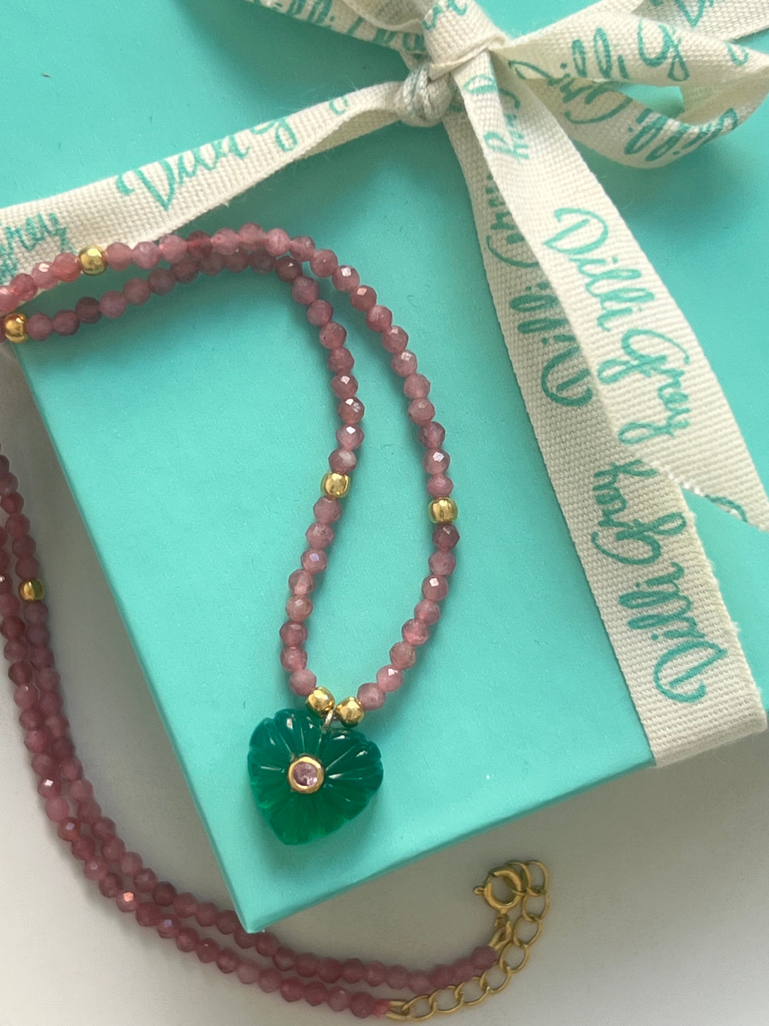 Jaipur Carved Heart Necklace in Pink Tourmaline & Green Onyx
