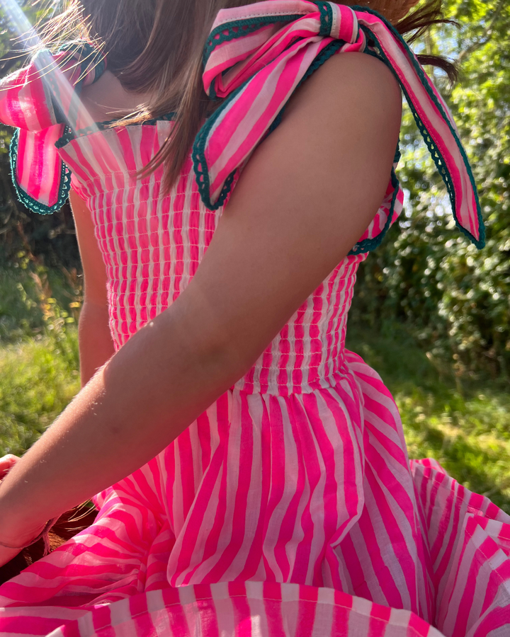 Mini Yasmin Smocked Sundress in Neon Pink - Dilli Grey