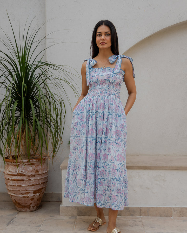 Yasmin Smocked Sundress in dusty blue and pink - Dilli Grey