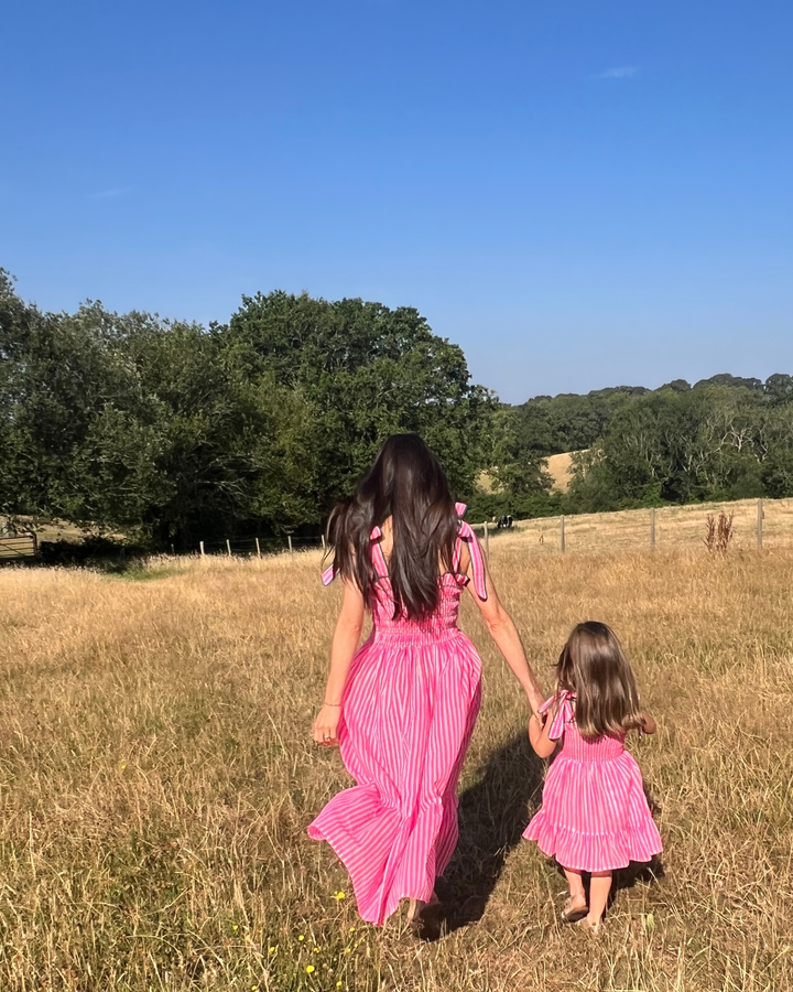 Mini Yasmin Smocked Sundress in Neon Pink - Dilli Grey