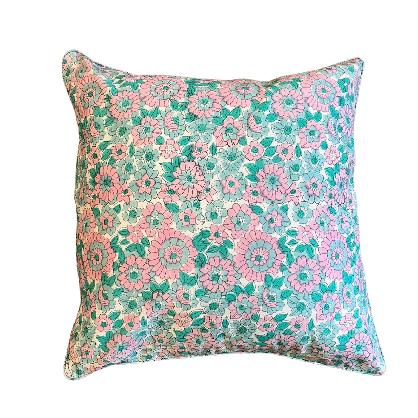 Vintage Floral Piped Cushion Cover in Aquamarine