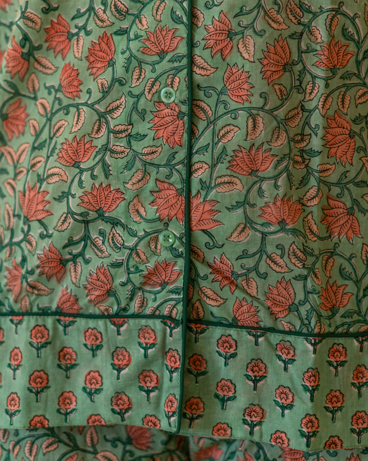 Indira Jaal Long Sleeve PJ set in Jade & Peach - Dilli Grey