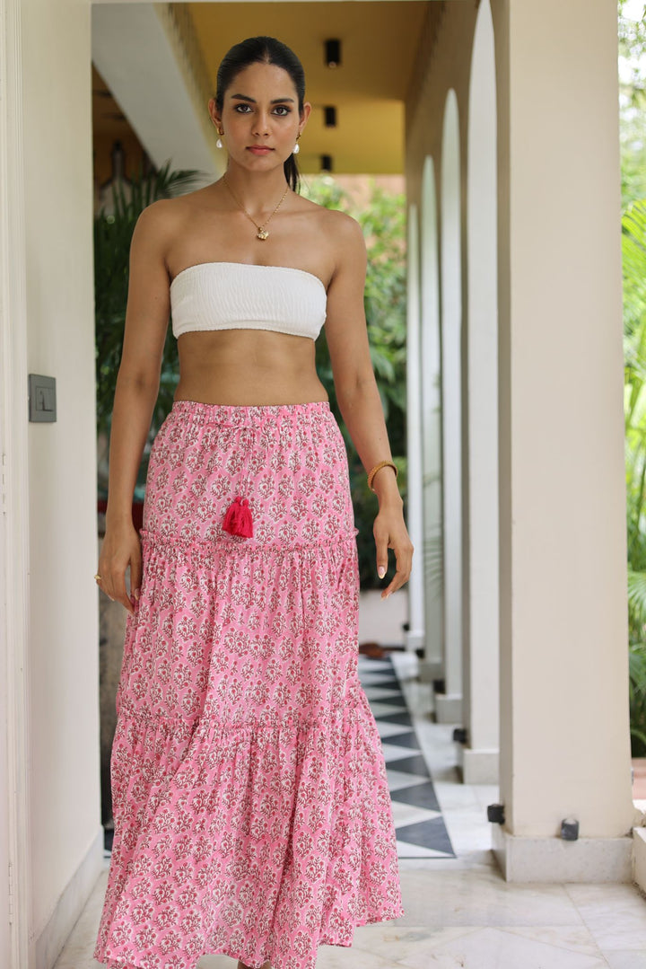Maya maxi-tiered skirt in rani pink