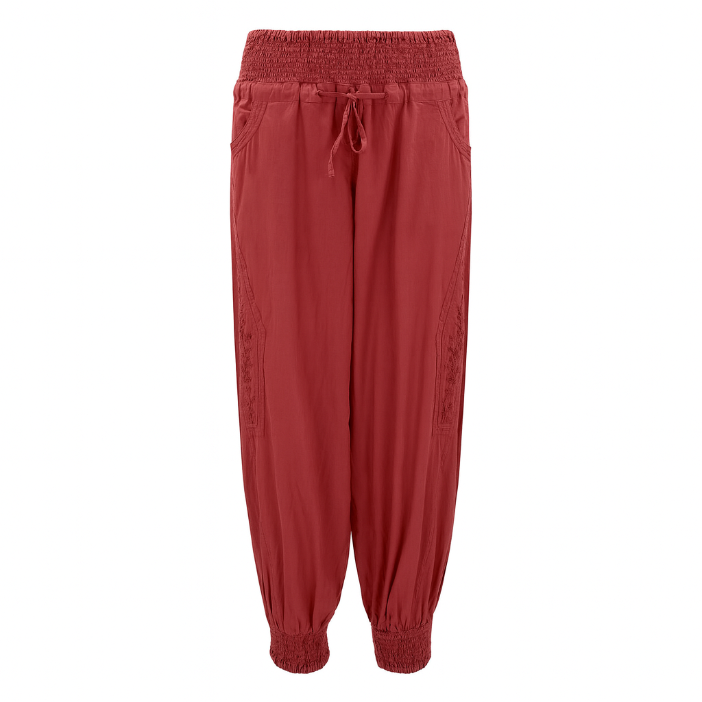 Chikankari-embroidered yoga pants in pomegranate