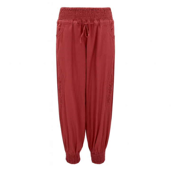 Chikankari-embroidered yoga pants in pomegranate