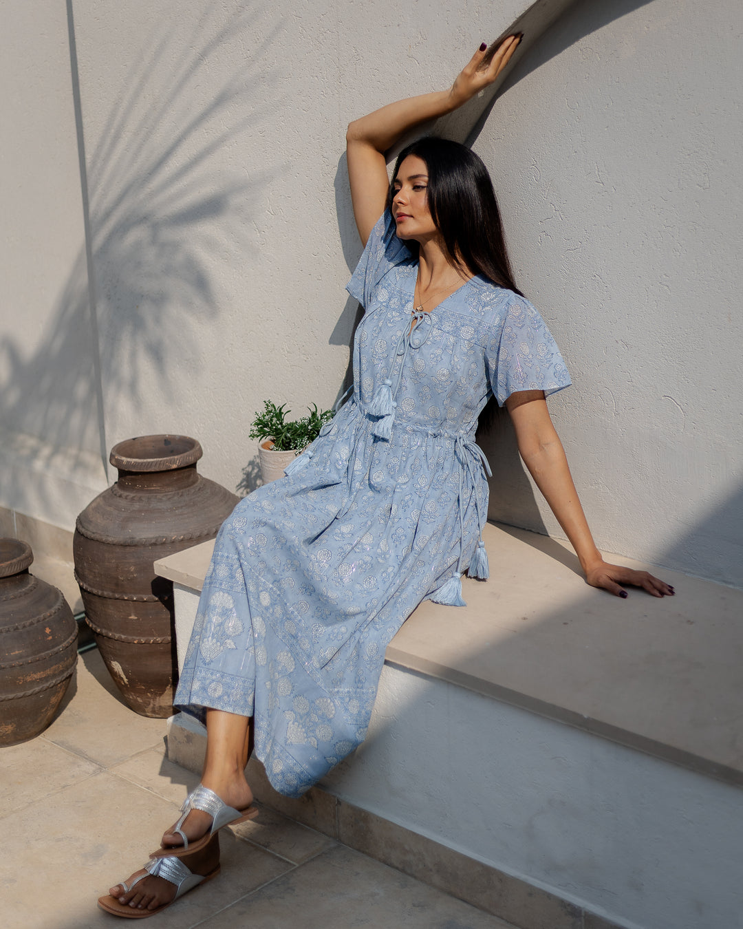 Fifi Flutter Sleeve Midi Dress in Dusty Blue - Dilli Grey