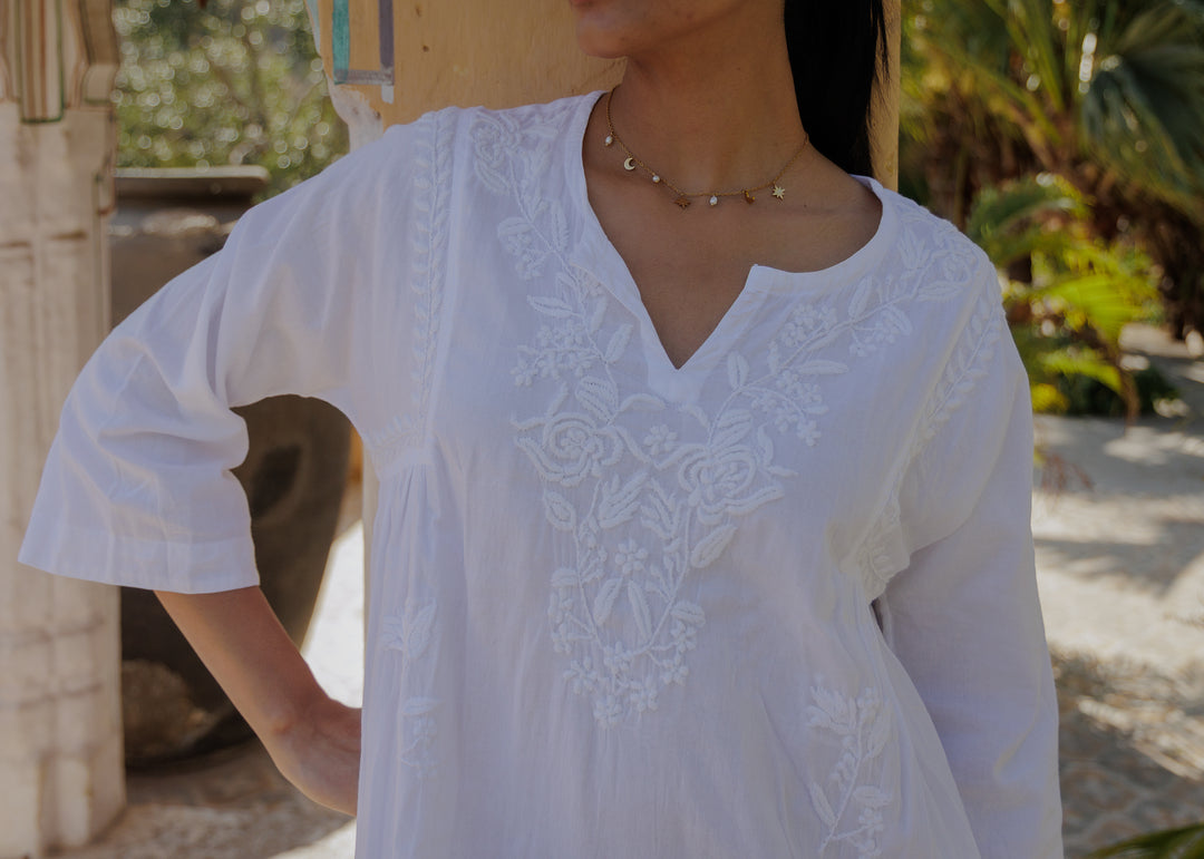 Chikankari-embroidered kaftan in Jasmine White