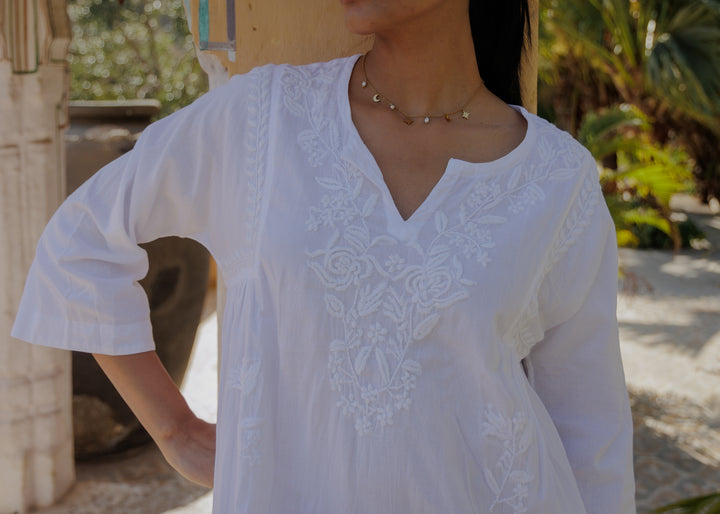 Chikankari-embroidered kaftan in Jasmine White