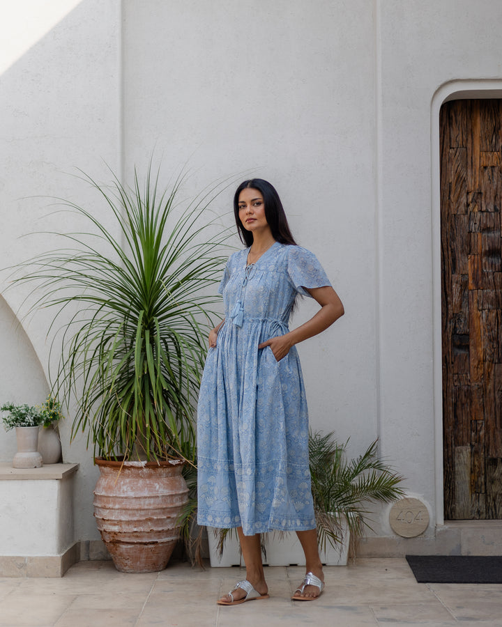 Fifi Flutter Sleeve Midi Dress in Dusty Blue - Dilli Grey