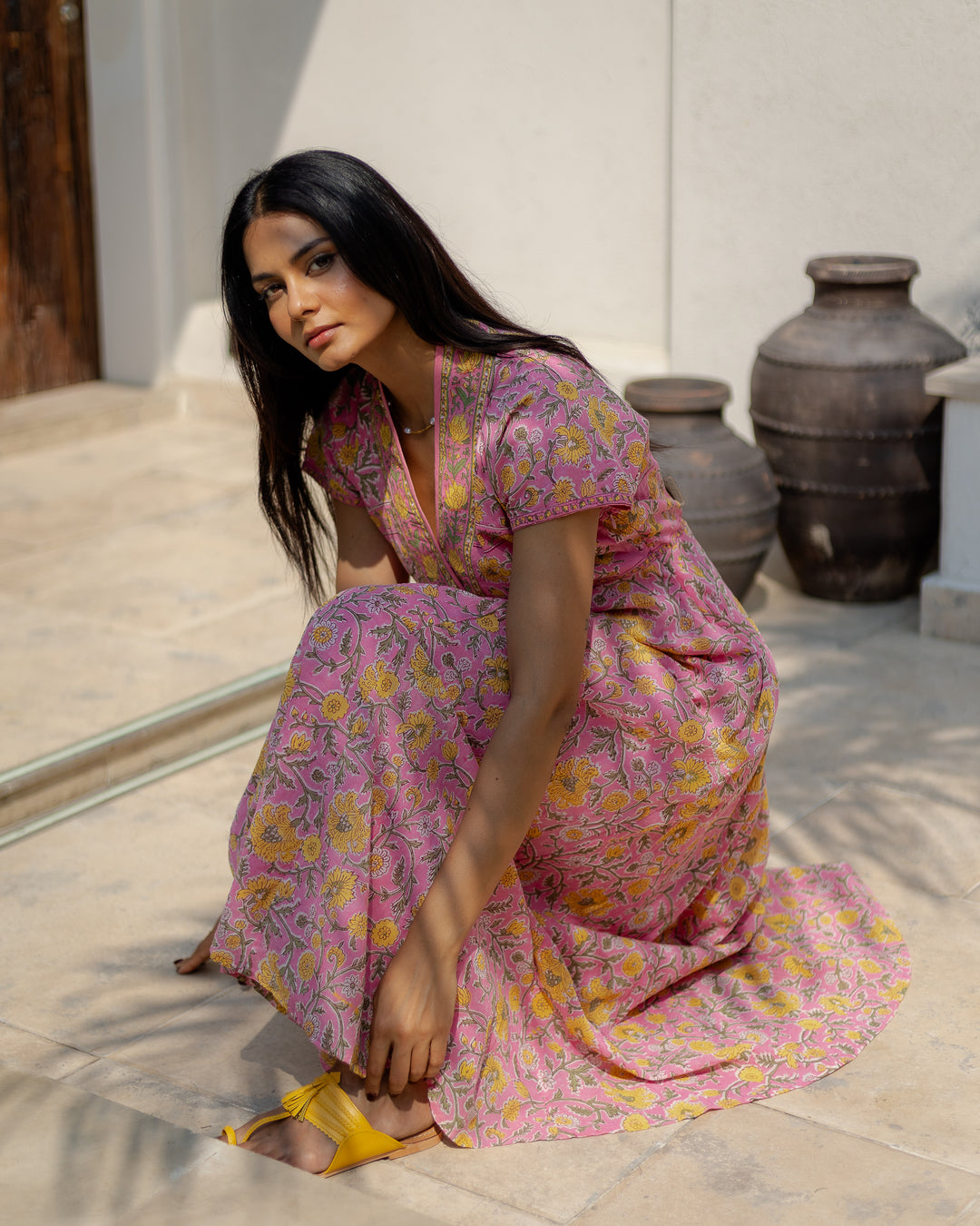 Riti Panelled Maxi Dress in Jaipur Pink and Yellow - Dilli Grey