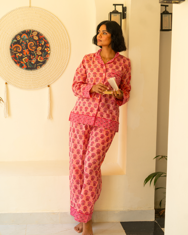 Chadni Butta Long Sleeve PJ set in pomegranate - Dilli Grey