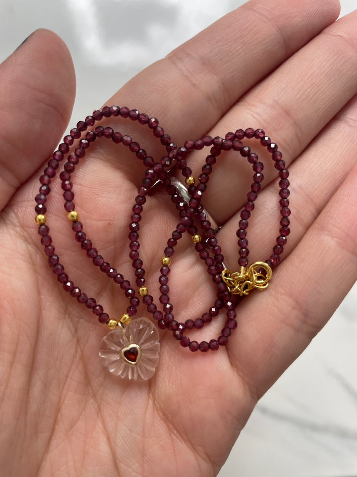 Jaipur Carved Heart Necklace in Garnet & Crystal
