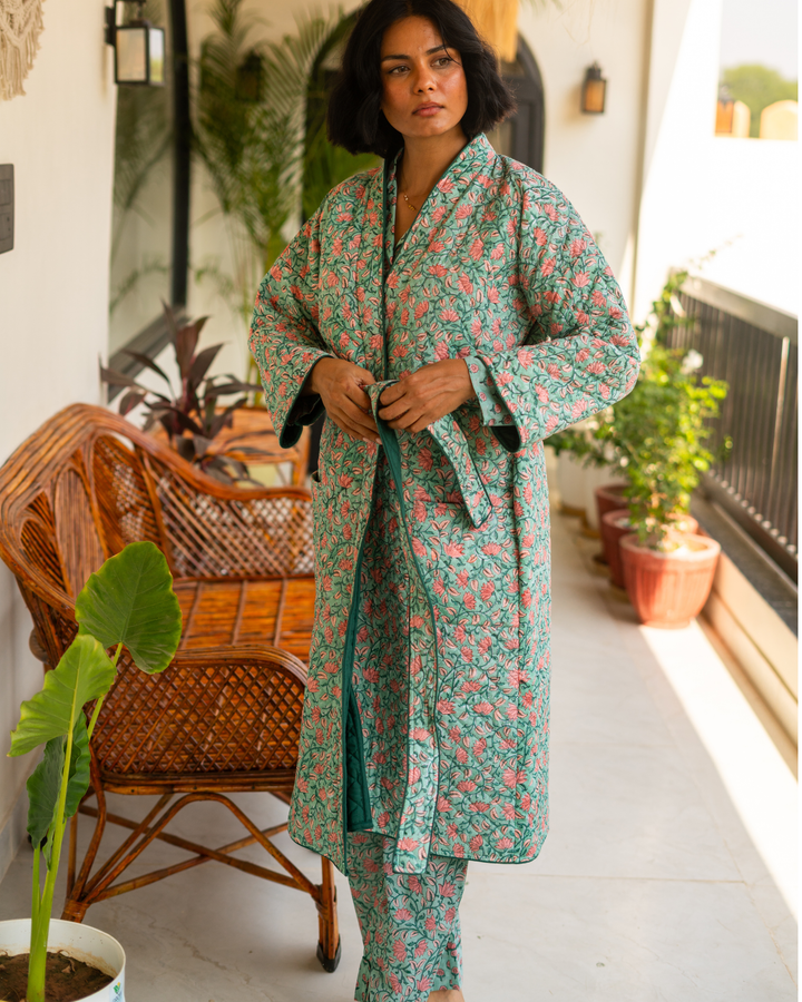 Indira Jaal Quilted Robe in Jade - Dilli Grey